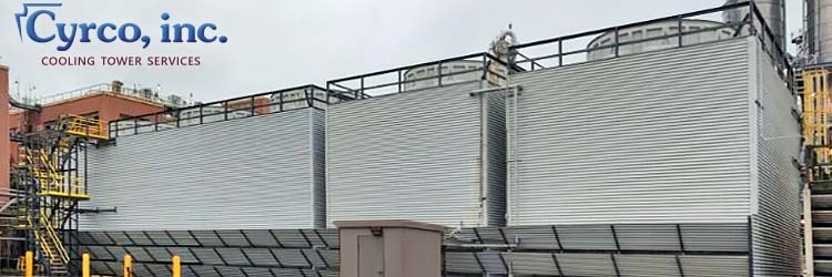 Built to the Client's Site Location, Five Cell Field Erected FRP Cooling Tower with FRP Wall Casing and Air Inlet Louvers. Multi-Level High Visibility Yellow StairTower with FRP Square Tube and Plastic Floor Grating.