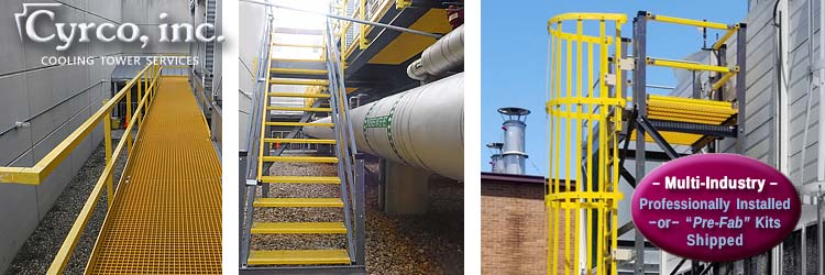 Custom FRP Walkway with Hand Rails to Access Aluminum Fan, Fan Gearbox, and Drive Shaft on a Field Erected FEP Cooling Tower.