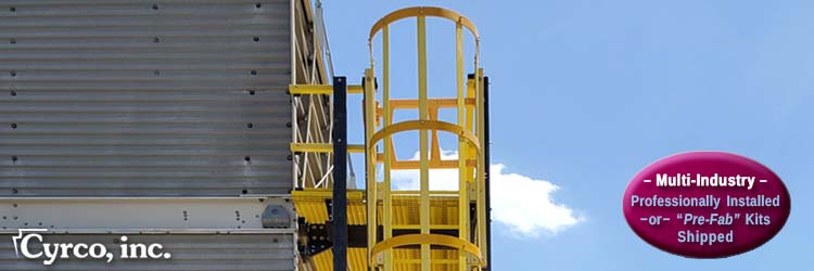 FRP Ladder System, Yellow High Visible Caged Ladder with Self Closing Swing Gate to a FRP Catwalk Platform on Top of a Metal Cooling Tower. Professionally Installed or Pre-Fab Package Kits Shipped