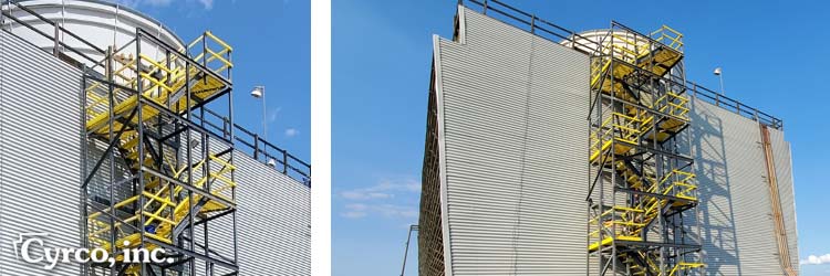 Multiple Level FRP Composite Stair Tower in High Visible Yellow Mounted to New FRP Wall Casing Panels on a Tall Field Erected Cooling Tower