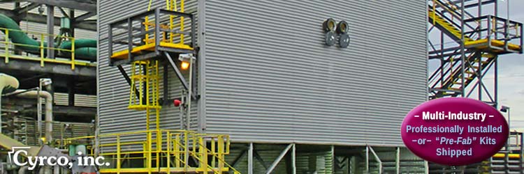 Custom Designed and Fabricated FRP Ladder System, Walkway Platforms, and Multi-Level Stair Tower on a New FRP Wall Panel and FRP Square Tube Framed FEP Cooling Tower. Professionally Installed or Pre-Fab Stairtowers and Ladder Kits Shipped.