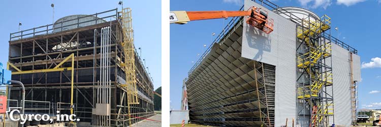 Rebuild Reconstruction of Two Field Erected Cooling Towers, FRP Framing, Wall Casing Panels, Fill Media, Stairtower, Caged Ladder, FRP Walkways and Platform Landings.