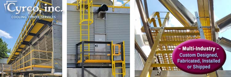 Custom FRP Walkways on Multiple Field Erected Cooling Towers Gaining Fan and Plenum Chamber Access for Repairs and Maintenance on Gearboxes, Fans, and Other Mechanical Equipment