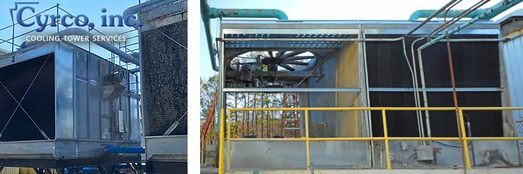 Cyrco Rebuilts Old Metal Factaory Assembled FAP Cooling Tower, Including Old Marley Towers. New Fill Media Repacks, Fans, Custom Metal Fabricated Parts Stainless or Galvanized Cold and Hot Water Basins, Side Wall Casing Panels, Mounts, and Supports.