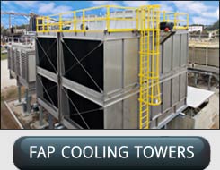 Custom Manufacturer of Metal Factory Assembled Packaged FAP Cooling Towers. FRP Access Specialist with Cages Ladder System, Self Closing Gate, Safety Railing All High Visibility Yellow and OSHA Compliant.