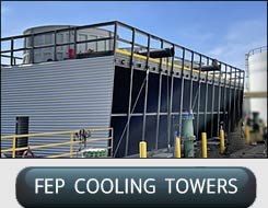 New Three Cell Field Erected Cooling Tower with FRP Square Tube Framing, FRP Wall Casing, FRP Fans, FRP Walkways, Ladder Systems, and Stairtowers on Roof Top.