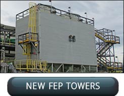 New Custom Constructed Field Erected Cooling Tower with FRP Caged Ladder to Walkway Landing, Exterior FRP Wall Casing, Multi-Level FRP StairTower on the Opposite Side of the Ladder. New FEP Cooling Towers Button.